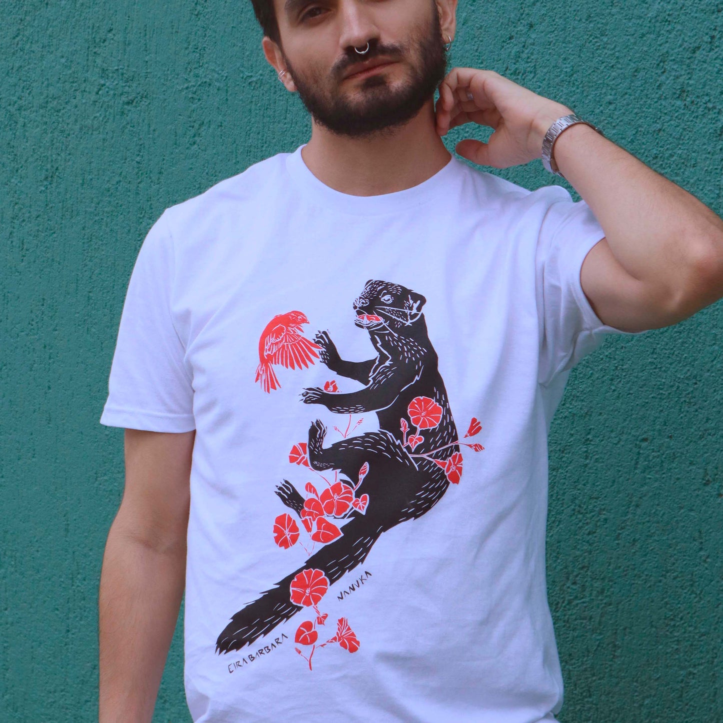 Camiseta de algodón, serigrafía a dos tintas, diseño Tolomuco-Eira Barbara.